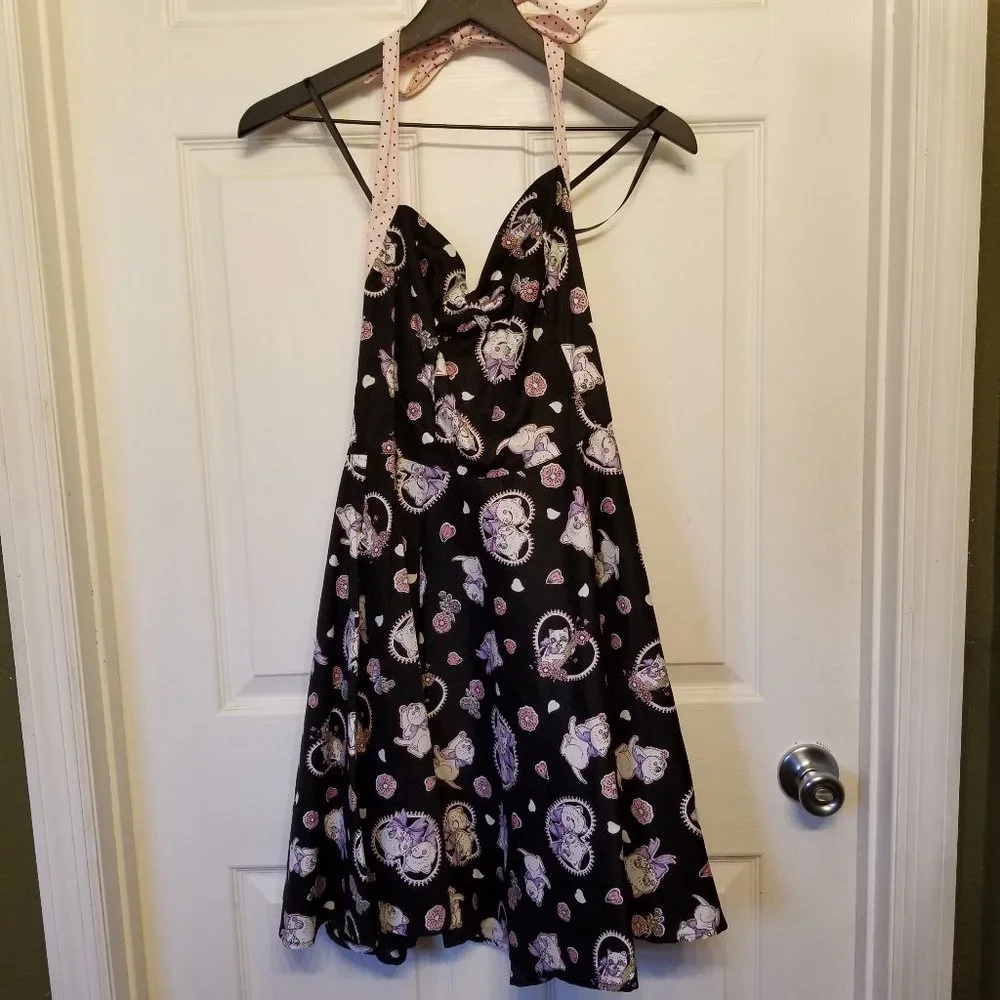 Hell Bunny Black Swing Dress with Pink and Cream Heart Motif